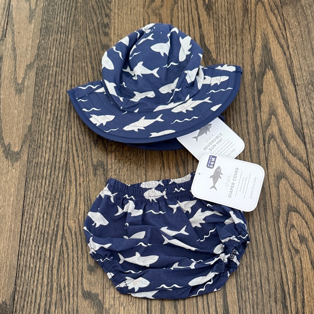 Pottery Barn Baby Blue Shark Pattern Kids Hat and Cover Set